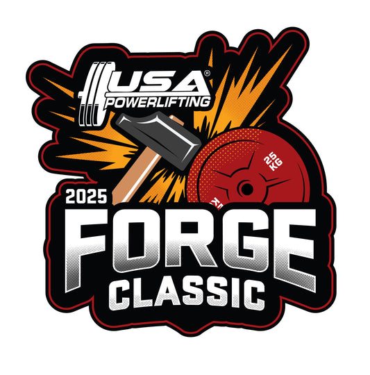 Logo for the 2025 USA Powerlifting Forge Classic event featuring a hammer, barbell, and weight disc.
