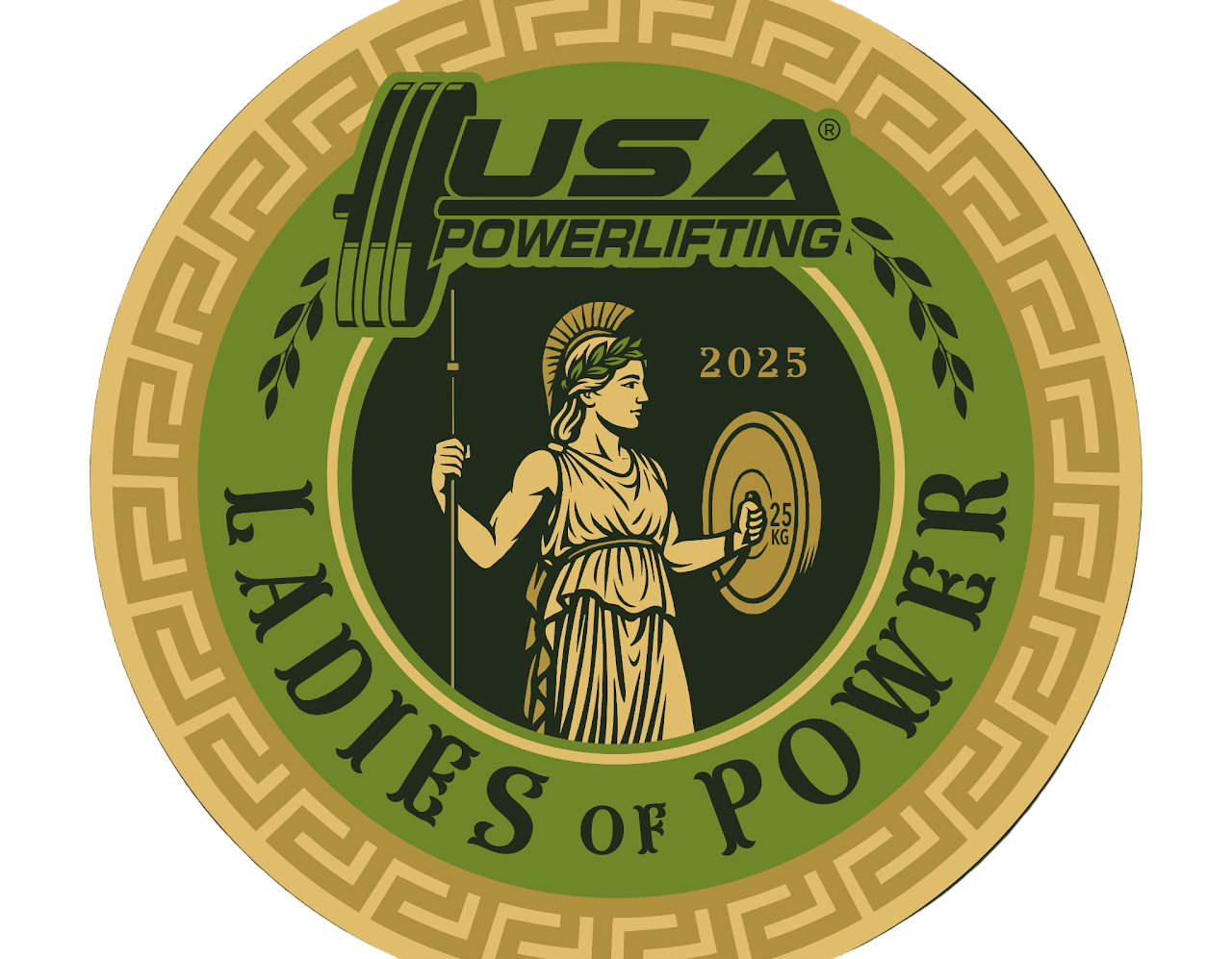 Logo for USA Powerlifting Ladies of Power event with a classical design on a green and gold background.